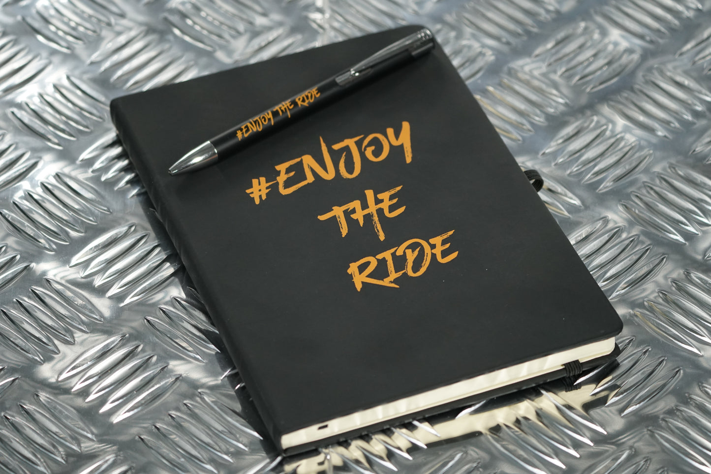 #EnjoyTheRide Black and Orange A5 Soft Touch Notepad & Pen