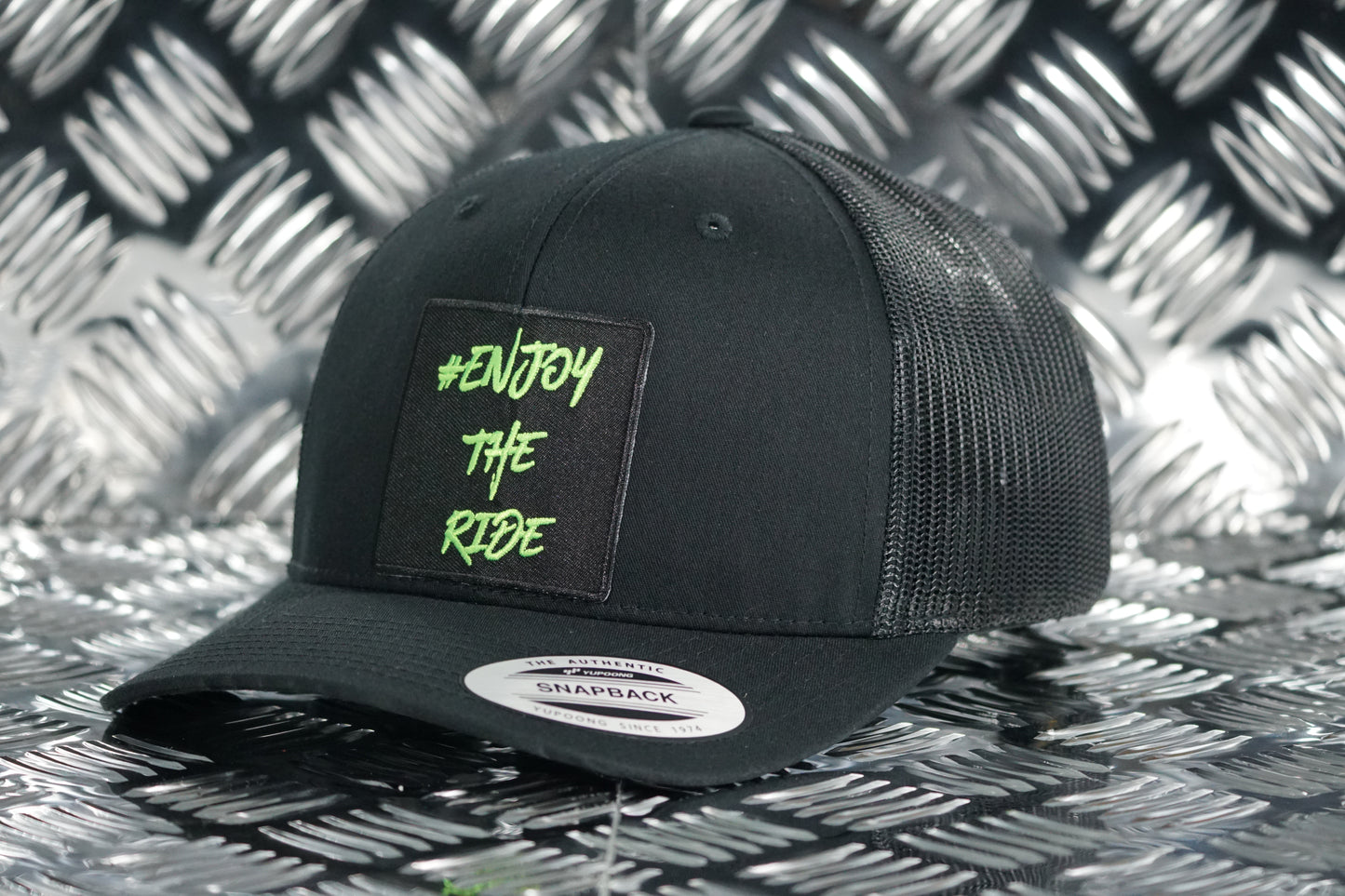 #EnjoyTheRide 6 Panel Retro Trucker Patchwork Cap - Black and Green