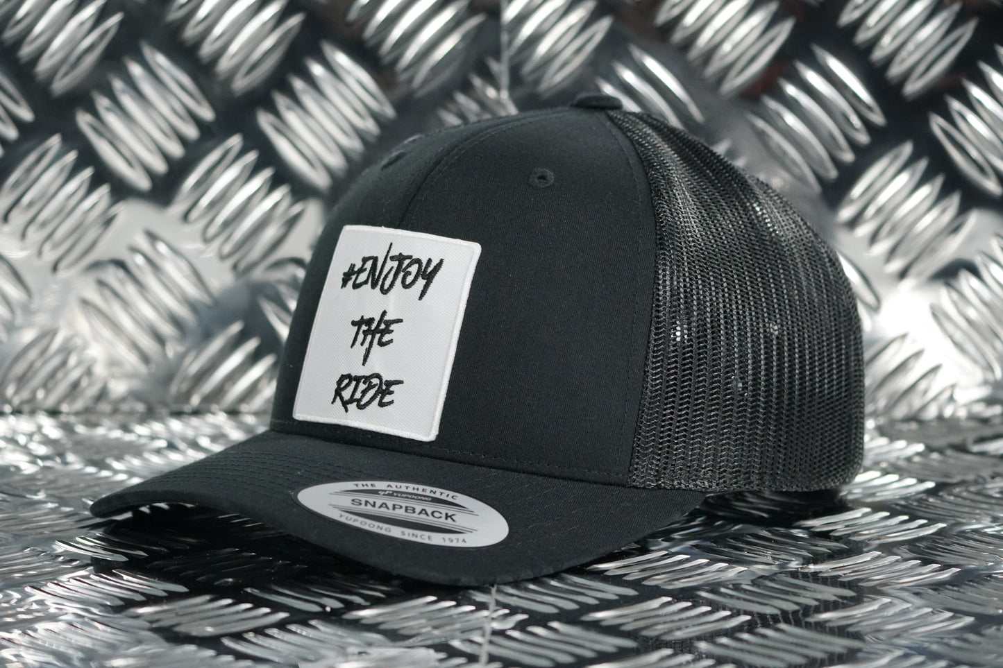 #EnjoyTheRide 6 Panel Retro Trucker Patchwork Cap - White and Black